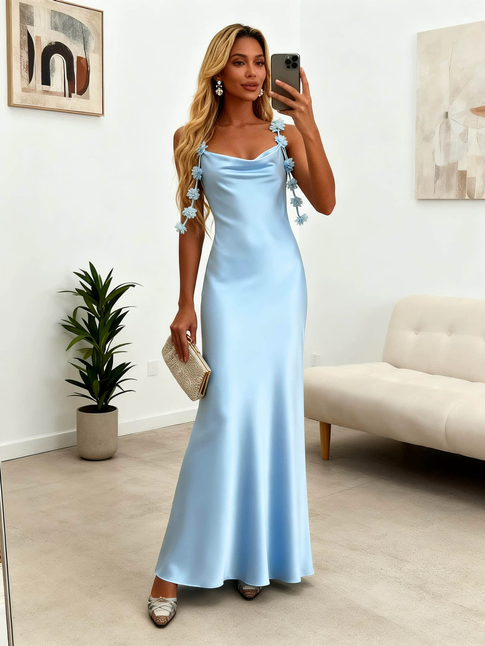 ZARA Light Blue Satin Strapless Fitted Long Dress